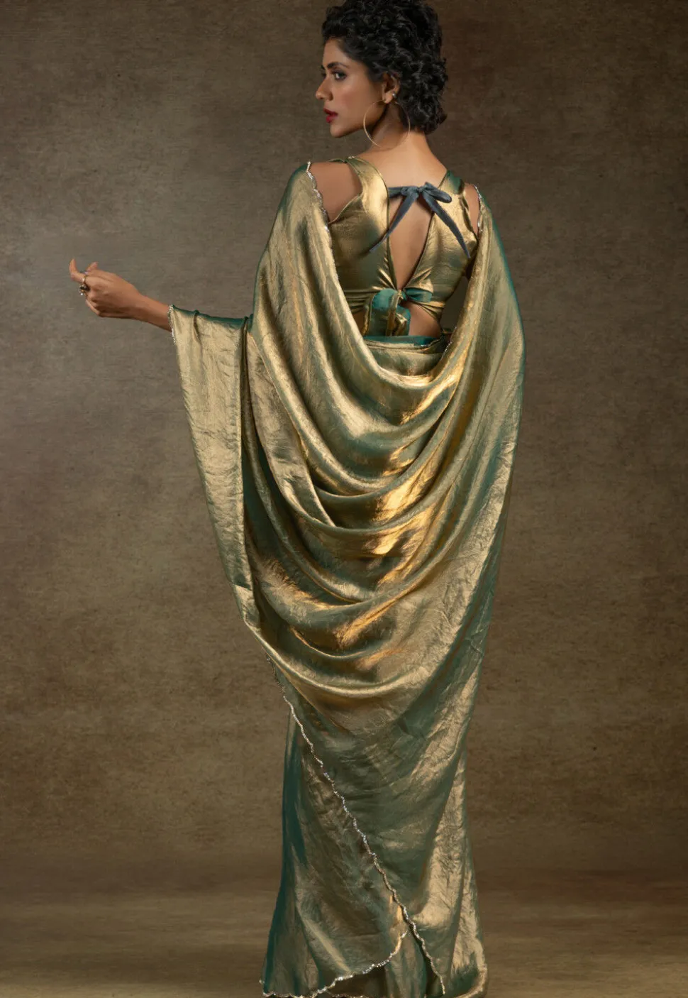 Pre-stitched Tissue Scalloped Saree in Dusty Green