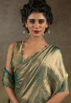 Pre-stitched Tissue Scalloped Saree in Dusty Green