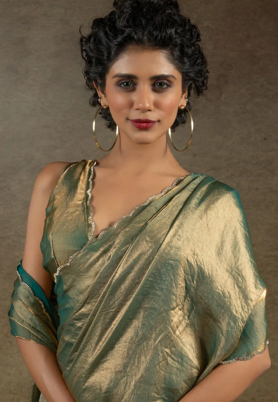Pre-stitched Tissue Scalloped Saree in Dusty Green