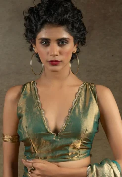 Pre-stitched Tissue Scalloped Saree in Dusty Green