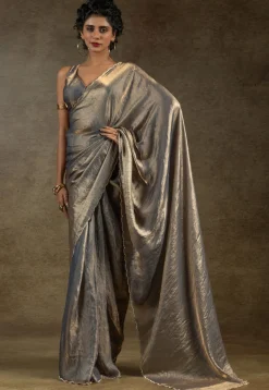 Pre-stitched Tissue Scalloped Saree in Grey