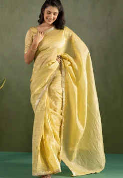 Pre-stitched Tissue Silk Saree in Yellow