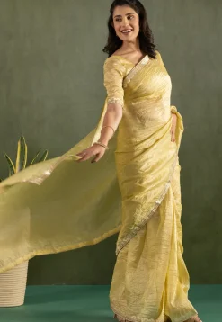 Pre-stitched Tissue Silk Saree in Yellow