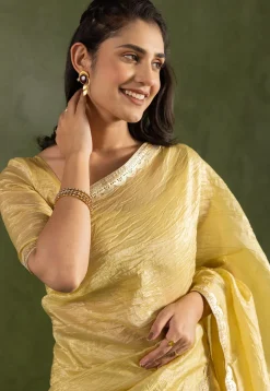Pre-stitched Tissue Silk Saree in Yellow