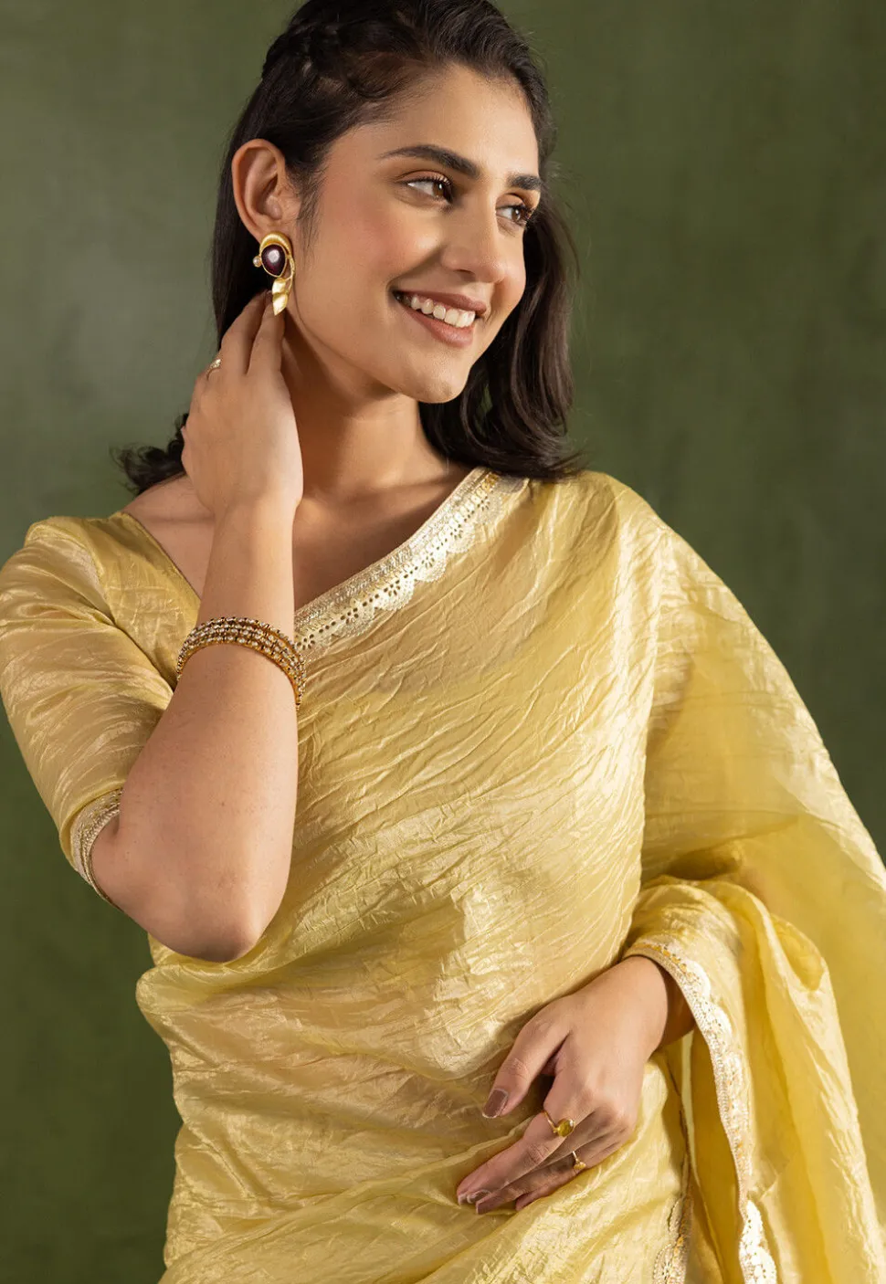 Pre-stitched Tissue Silk Saree in Yellow