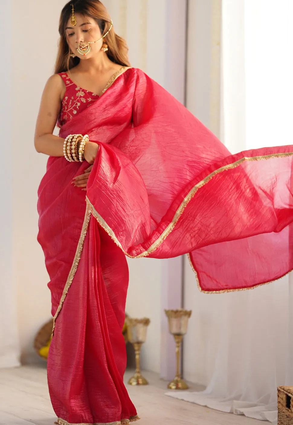 Pre-stitched Tissue Silk Saree in Fuchsia