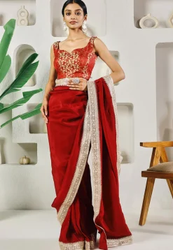 Pre-stitched Uppada Silk Saree in Red