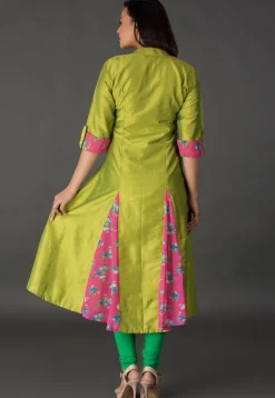 Princess Cut Art Silk Long Kurta in Olive Green