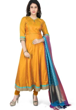 Princess Cut Banarasi Silk Anarkali Suit in Mustard