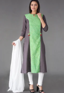 Princess Cut Cotton Straight Suit in Green and Grey