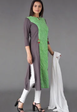 Princess Cut Cotton Straight Suit in Green and Grey