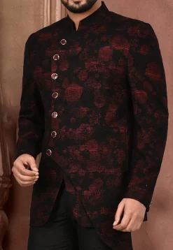 Printed Acrylic Cotton Suit Set in Maroon and Black