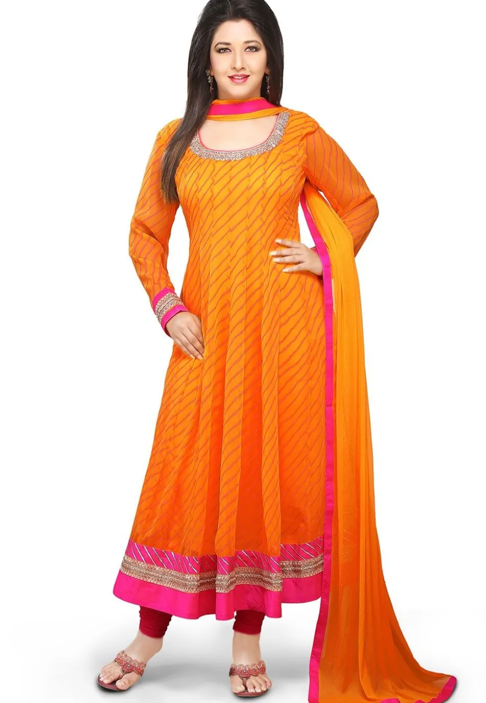 Printed Anarkali Georgette Suit in Orange