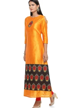 Printed Art Bhagalpuri Silk A Line Suit in Orange