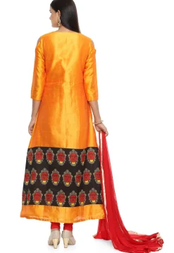 Printed Art Bhagalpuri Silk A Line Suit in Orange