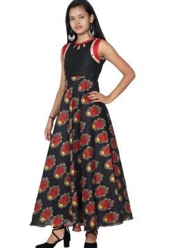 Printed Art Silk A Line Kurta Set in Black