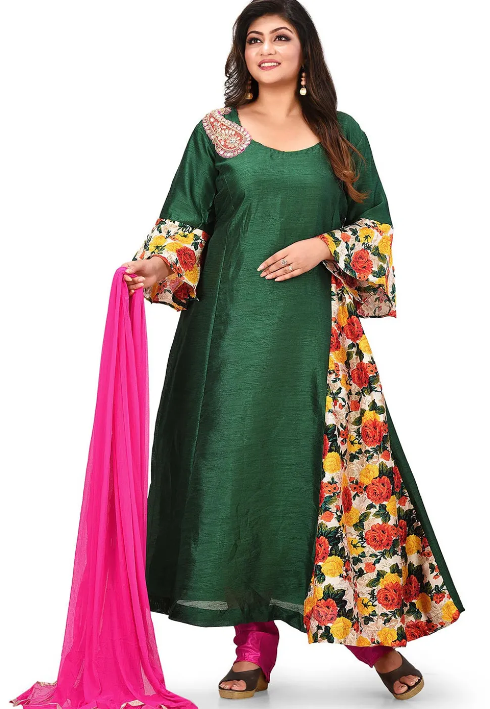 Printed Art Silk A Line Suit in Dark Green
