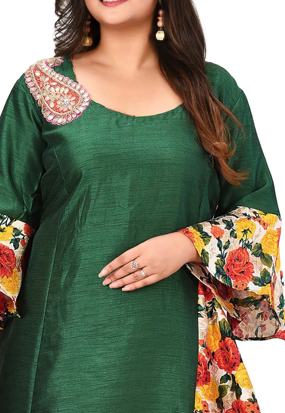 Printed Art Silk A Line Suit in Dark Green
