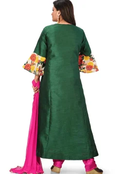 Printed Art Silk A Line Suit in Dark Green
