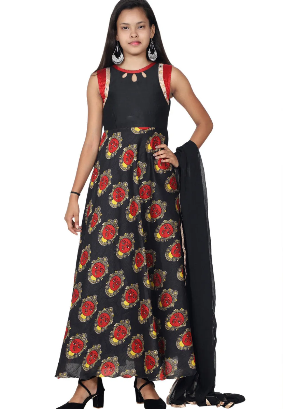 Printed Art Silk Abaya Style Suit in Black