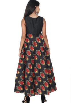 Printed Art Silk Abaya Style Suit in Black