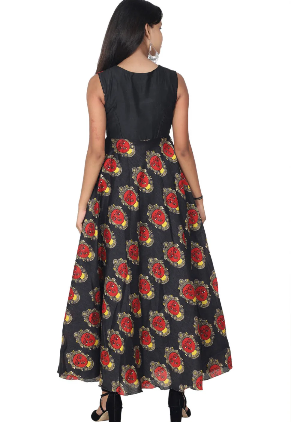 Printed Art Silk Abaya Style Suit in Black