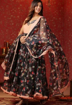Printed Art Silk Aline Suit in Light Peach and Black
