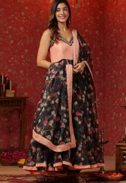 Printed Art Silk Aline Suit in Light Peach and Black