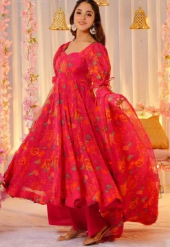 Printed Art Silk Aline Suit in Pink