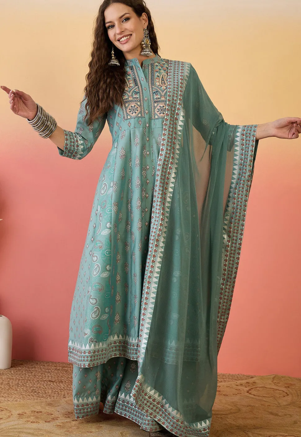 Printed Art Silk Anarkali Suit in Sea Green