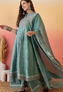 Printed Art Silk Anarkali Suit in Sea Green
