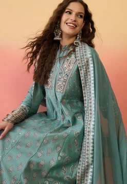 Printed Art Silk Anarkali Suit in Sea Green