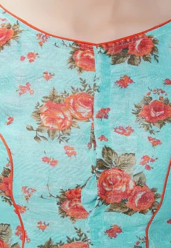 Printed Art Silk Blouse in Turquoise