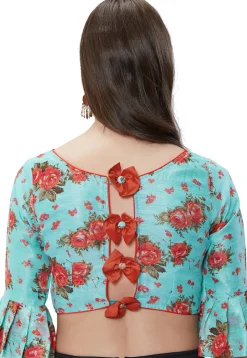 Printed Art Silk Blouse in Turquoise