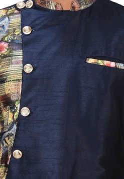 Printed Art Silk Dhoti Kurta in Navy Blue