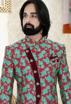 Printed Art Silk Jacquard Sherwani in Maroon