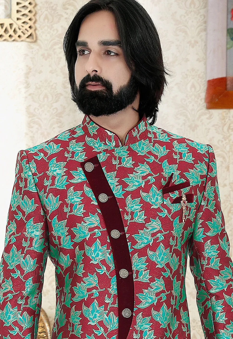 Printed Art Silk Jacquard Sherwani in Maroon