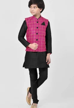Printed Art Silk Kurta Set in Black