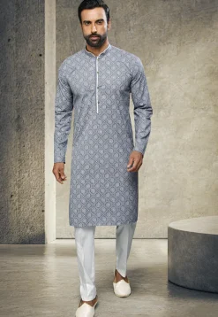 Printed Art Silk Kurta Set in Grey