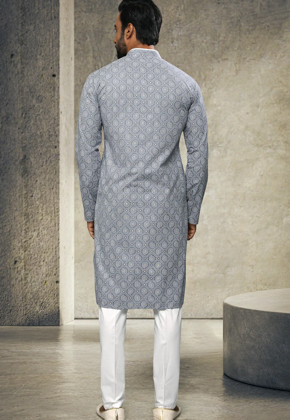 Printed Art Silk Kurta Set in Grey