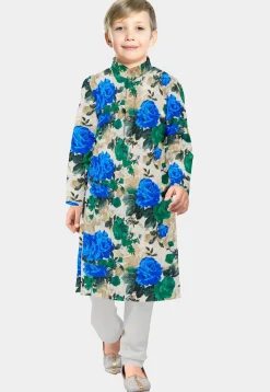 Printed Art Silk Kurta Set in Beige
