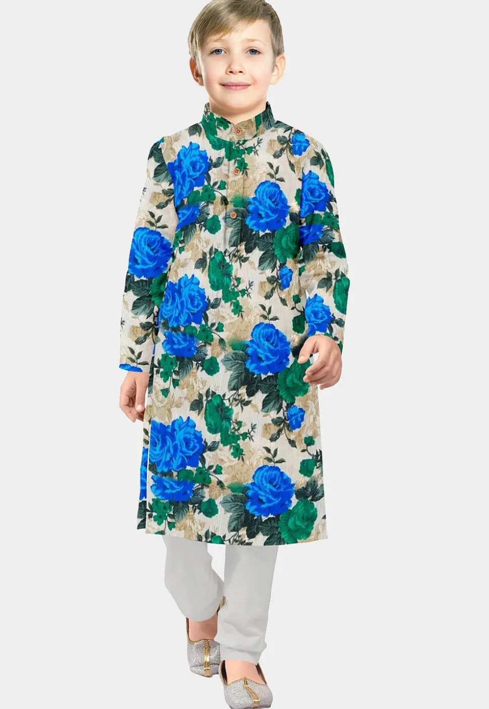 Printed Art Silk Kurta Set in Beige
