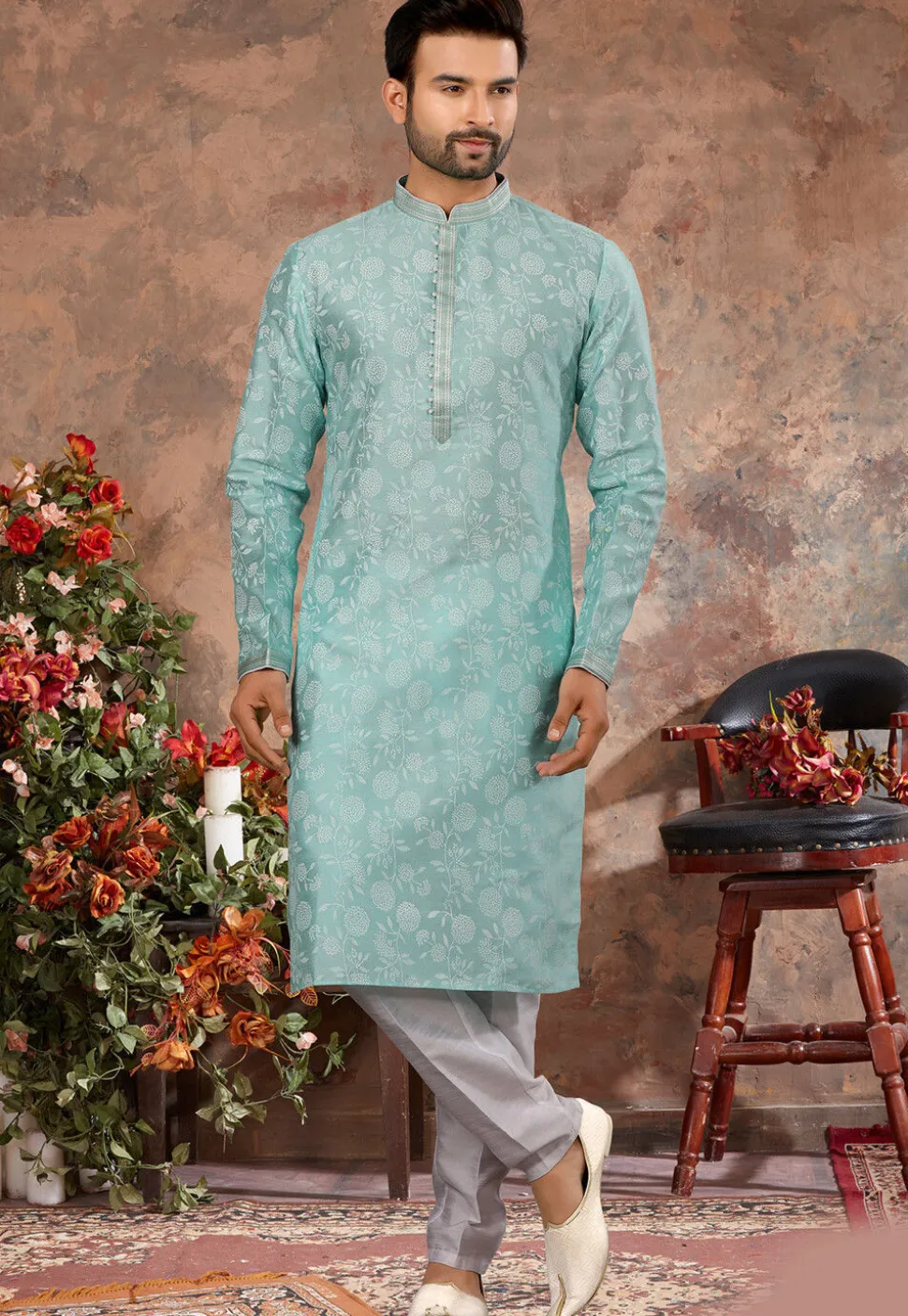Printed Art Silk Kurta Set in Sea Green