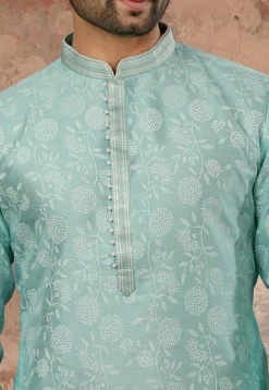 Printed Art Silk Kurta Set in Sea Green