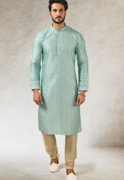 Printed Art Silk Kurta Set in Light Blue