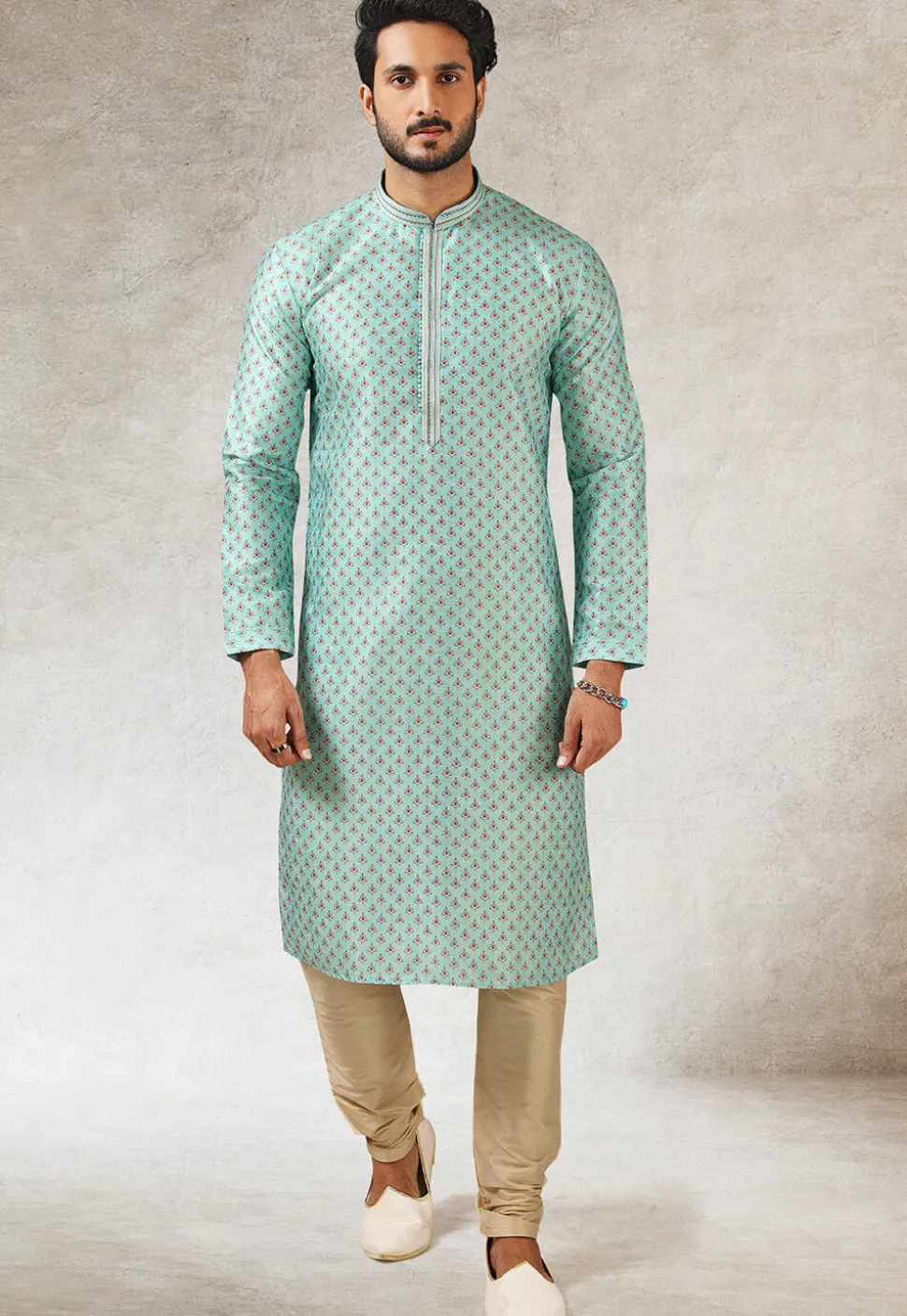 Printed Art Silk Kurta Set in Light Blue