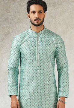 Printed Art Silk Kurta Set in Light Blue
