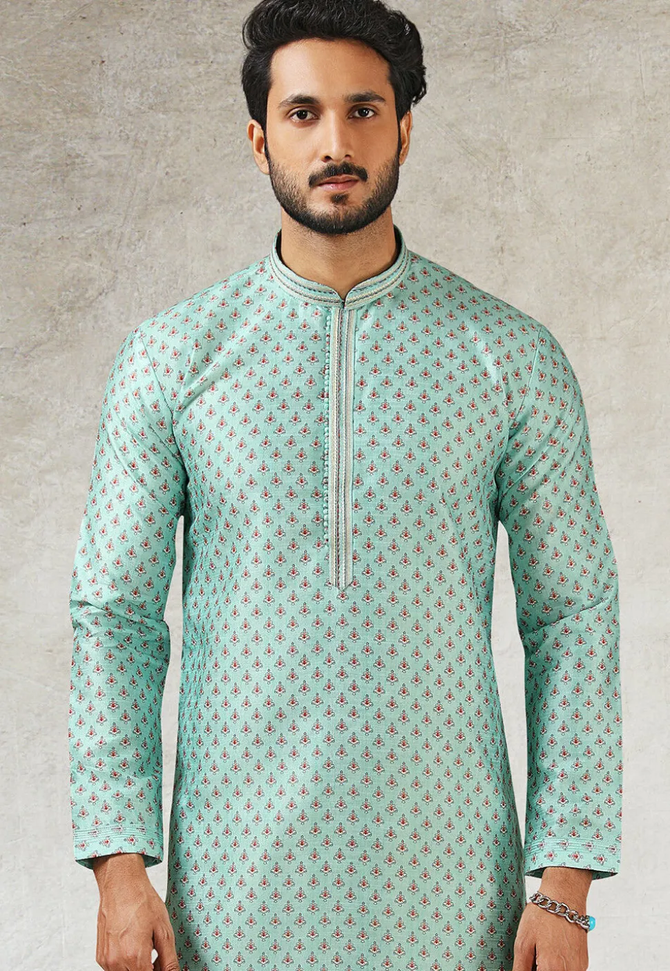 Printed Art Silk Kurta Set in Light Blue