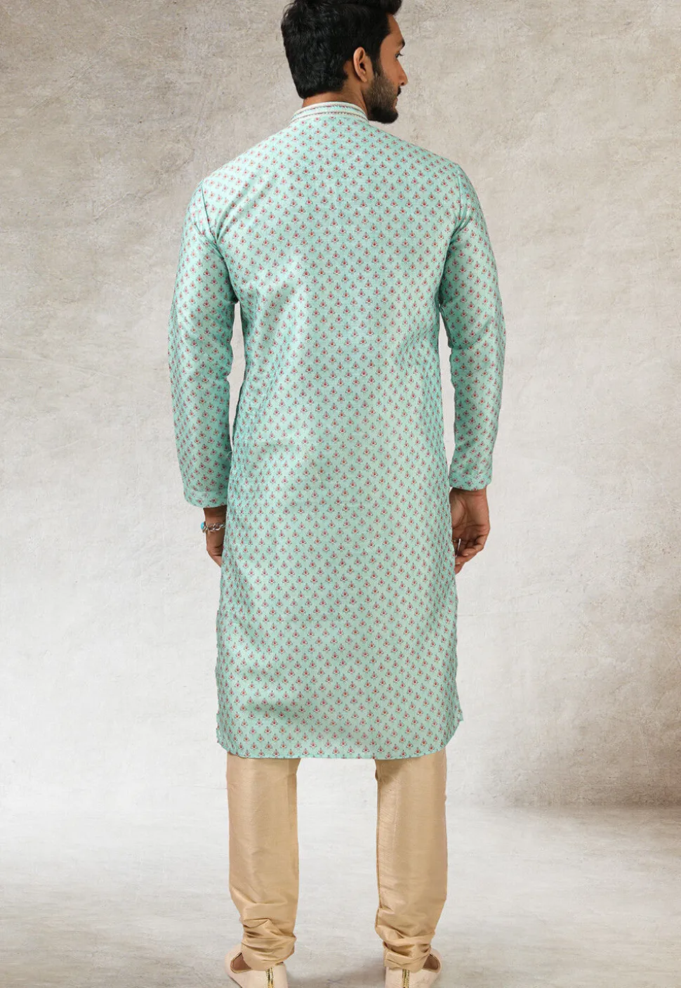 Printed Art Silk Kurta Set in Light Blue
