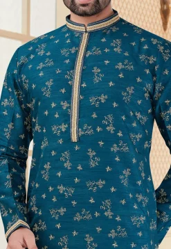 Printed Art Silk Kurta Set in Teal Blue